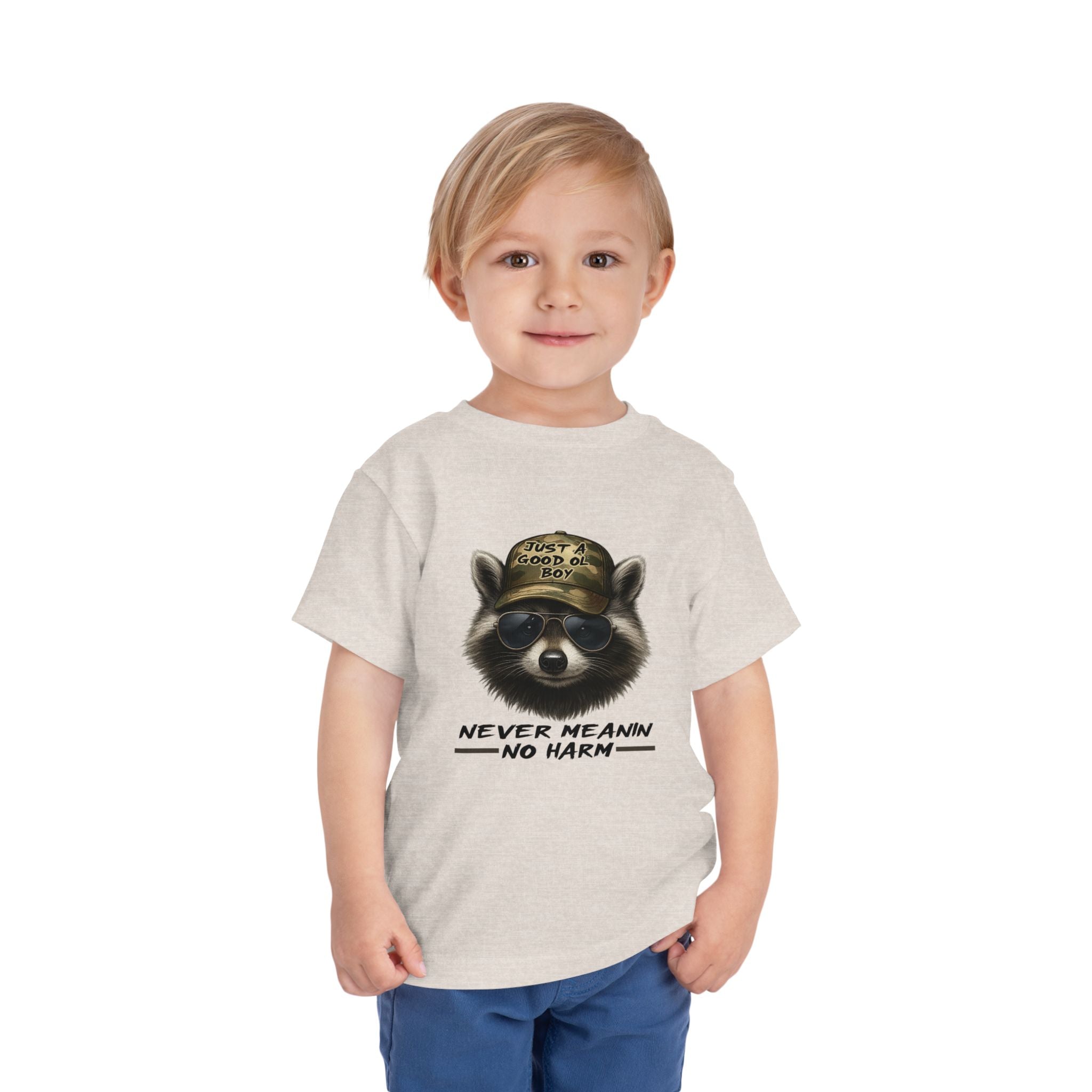Toddler Tee - Raccoon with Hat "Never Meanin No Harm" Kids Graphic Shirt