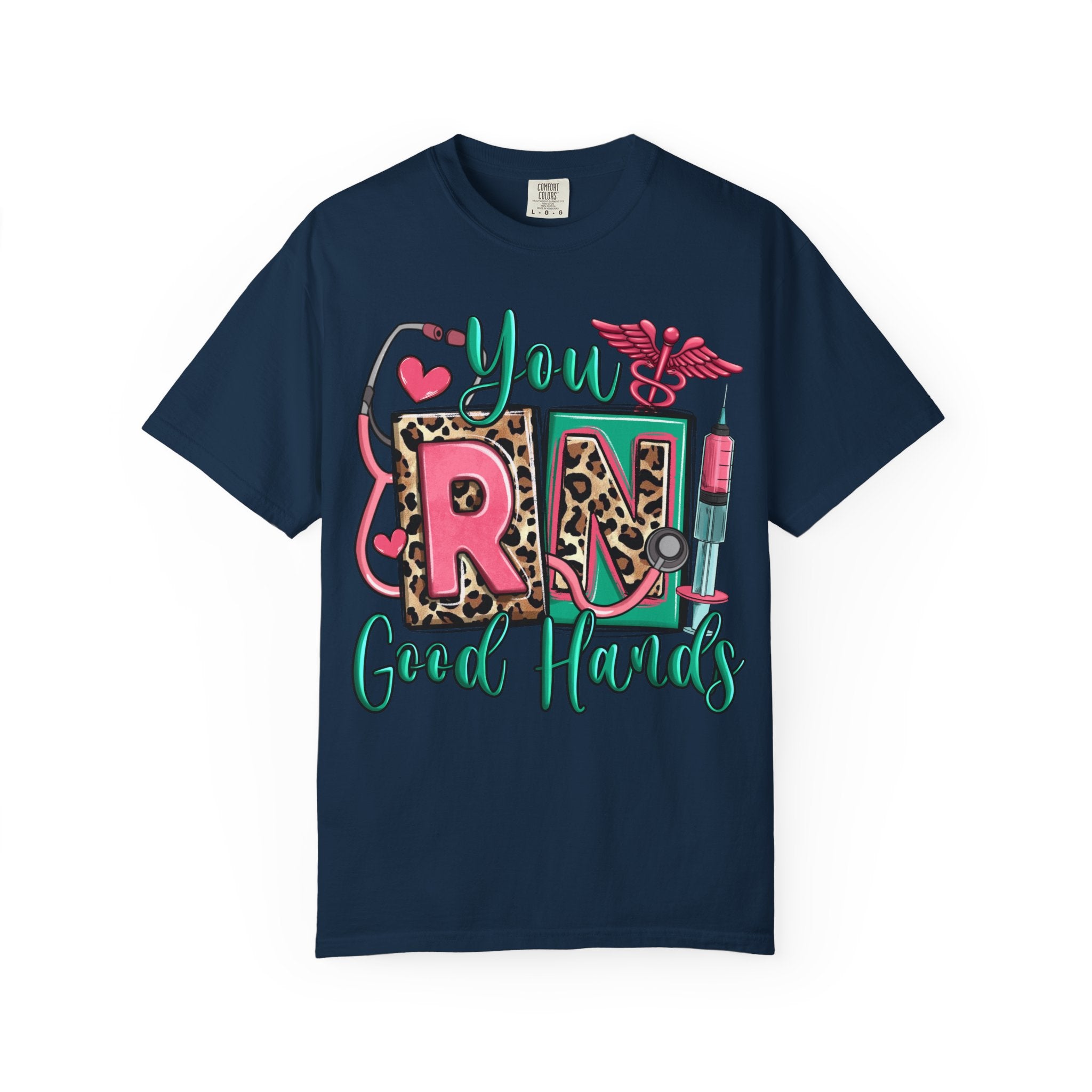 RN Good Hands T-Shirt — Cute Leopard Nurse Graphic Tee for Registered Nurses