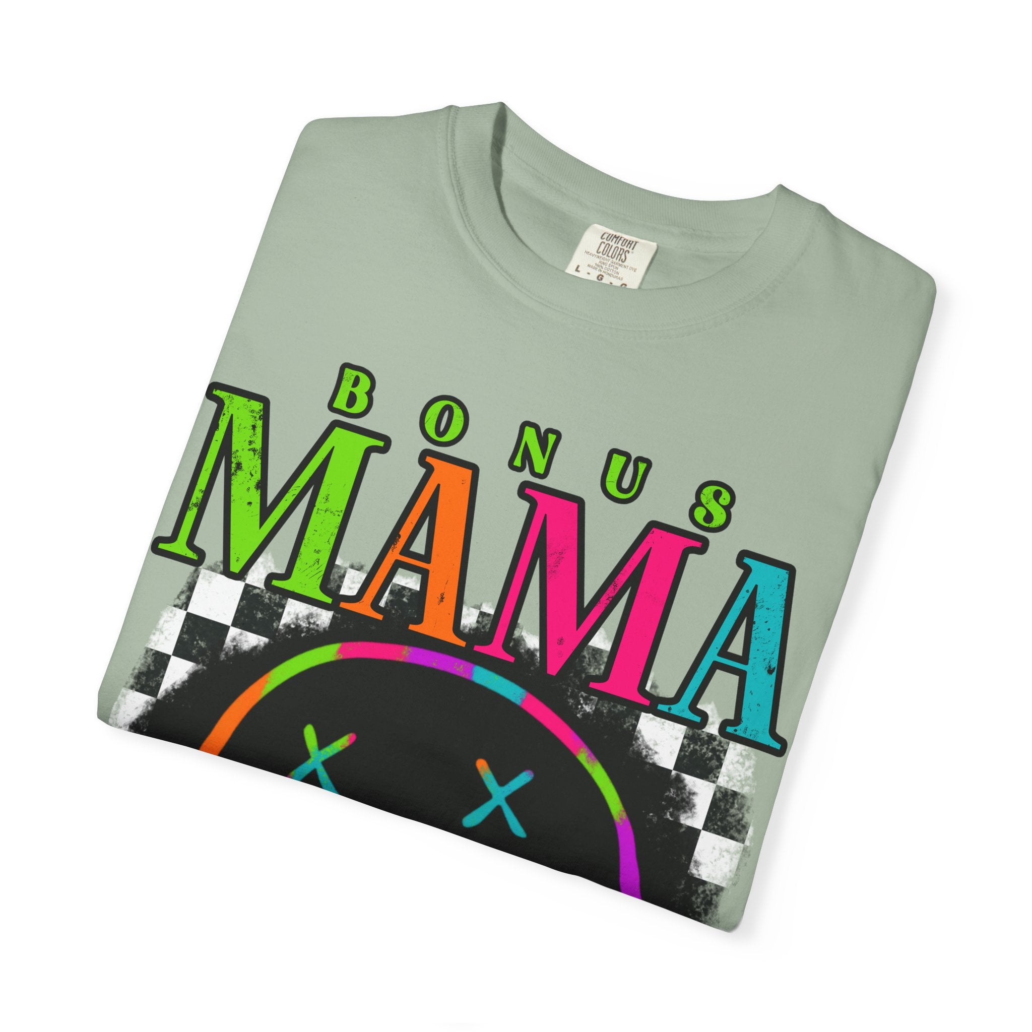Bonus Mama Graphic T-Shirt — Neon Smiley Checkerboard Retro Tee