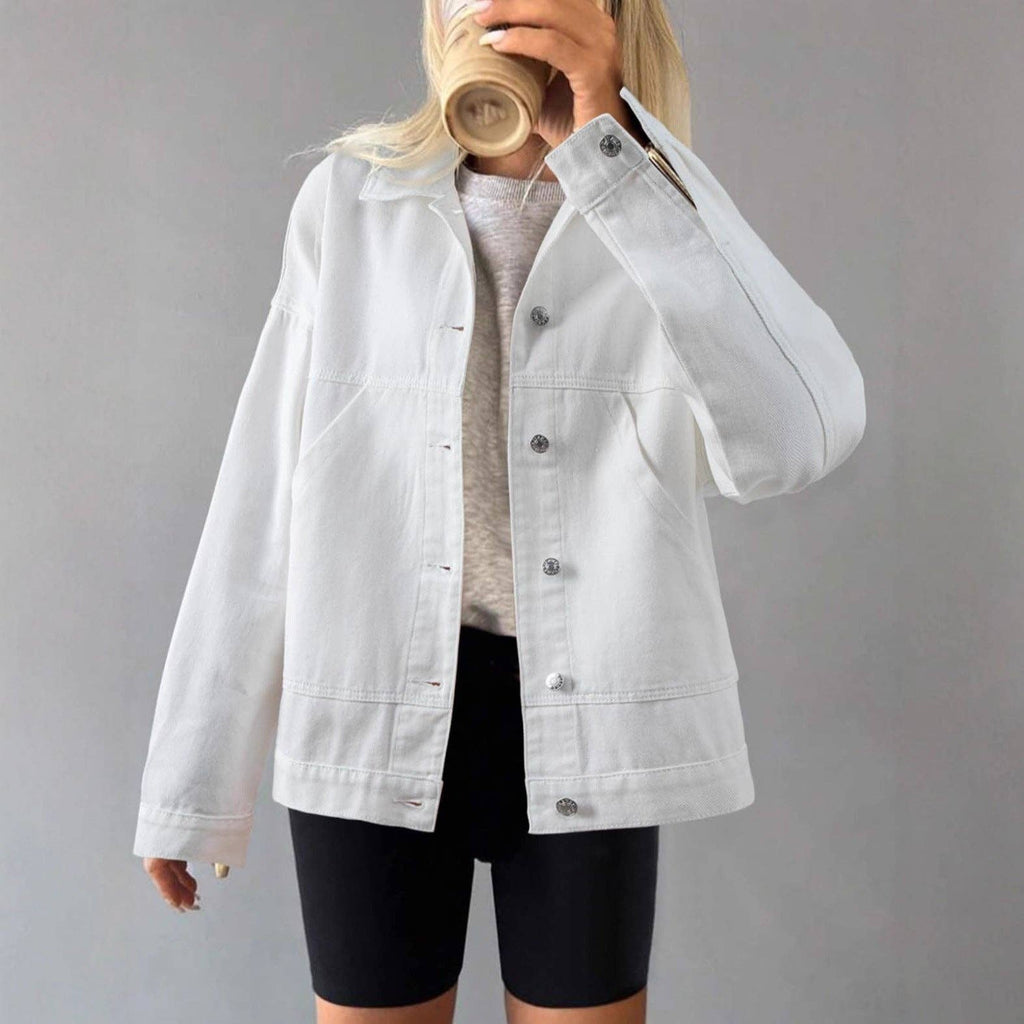 Retro loose Pocket polo neck Denim Jacket: Light blue / L