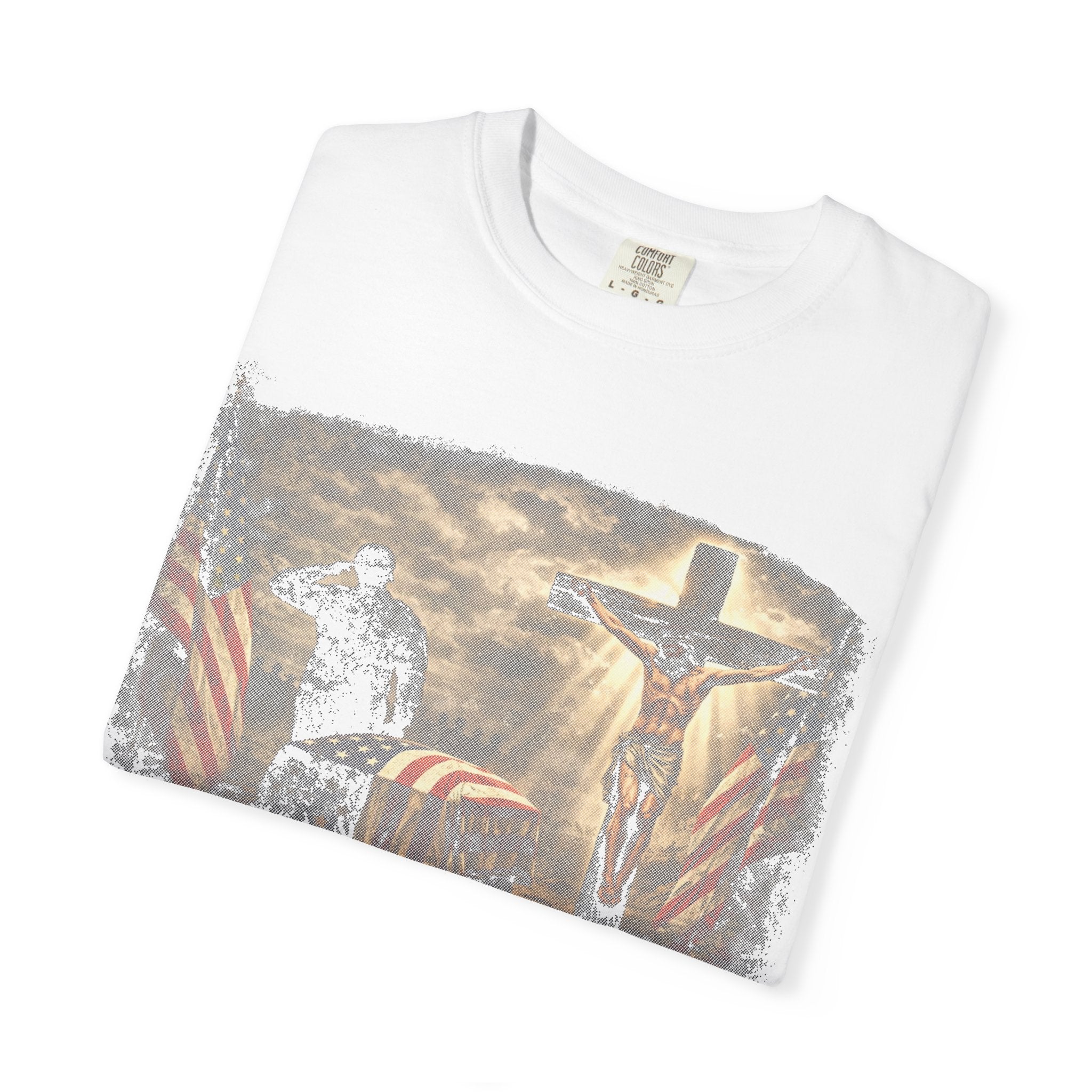 Christian Flag T-Shirt — Jesus on Cross with American Flag Graphic