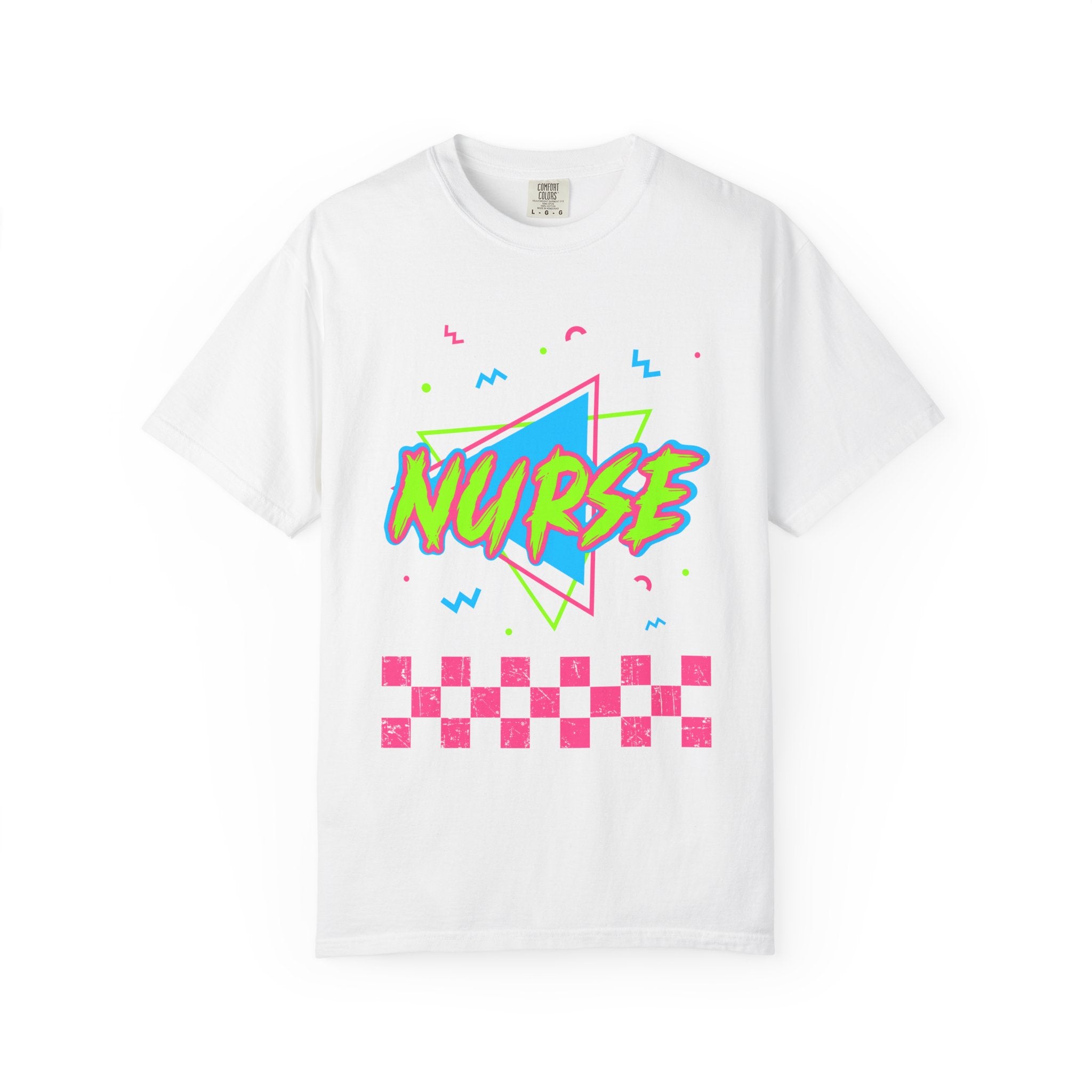 Nurse Retro 90s Graphic T-Shirt — Neon Checkerboard Medical Tee