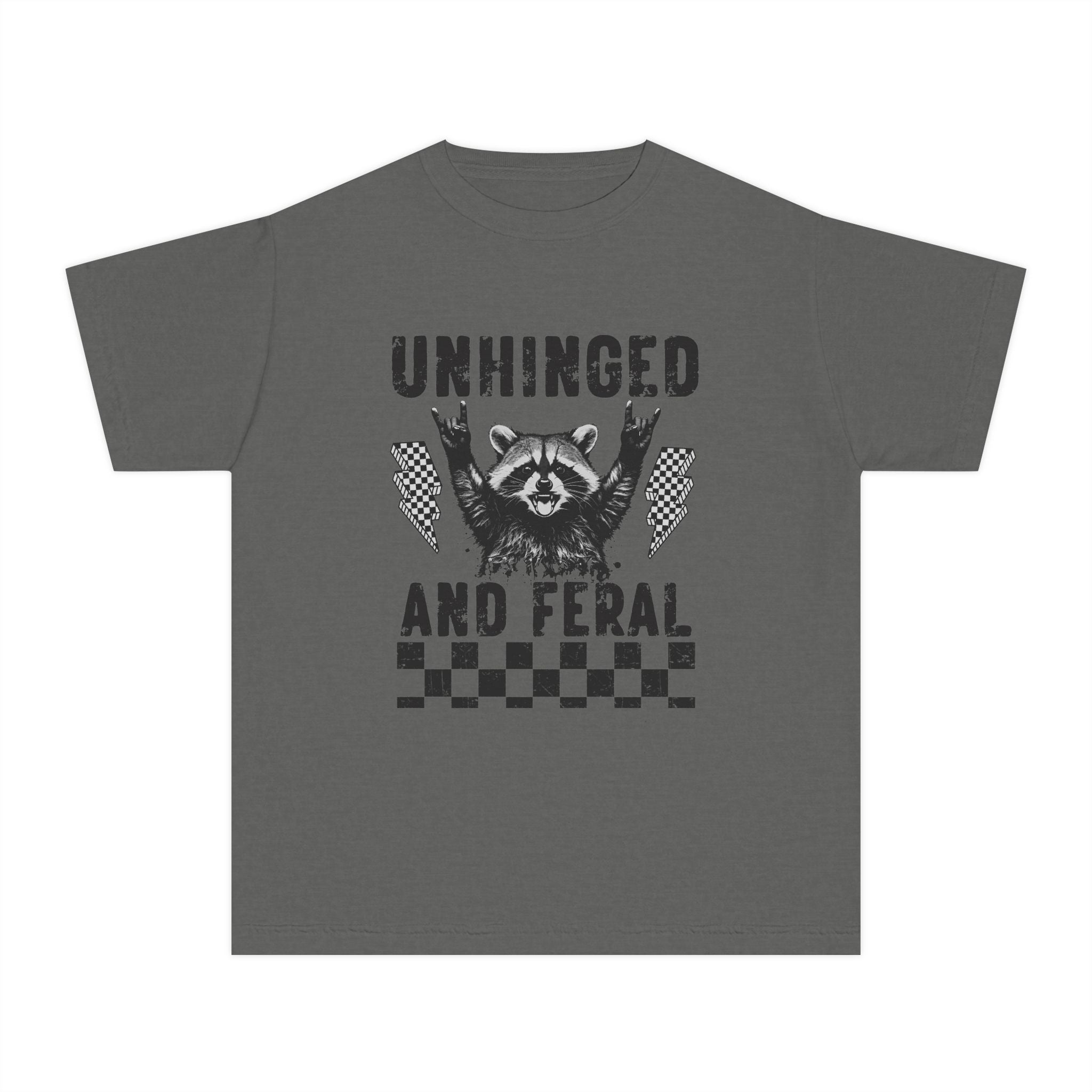 Youth Tee — "Unhinged and Feral" Raccoon Graphic