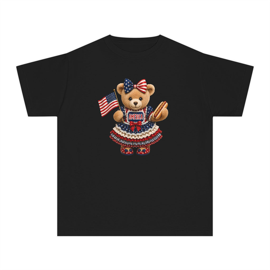 Youth Tee - Patriotic Bear Holding American Flag (4th of July Kids Shirt)