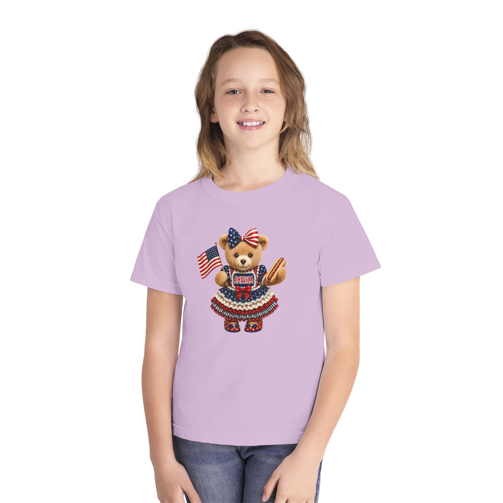 Youth Tee - Patriotic Bear Holding American Flag (4th of July Kids Shirt)