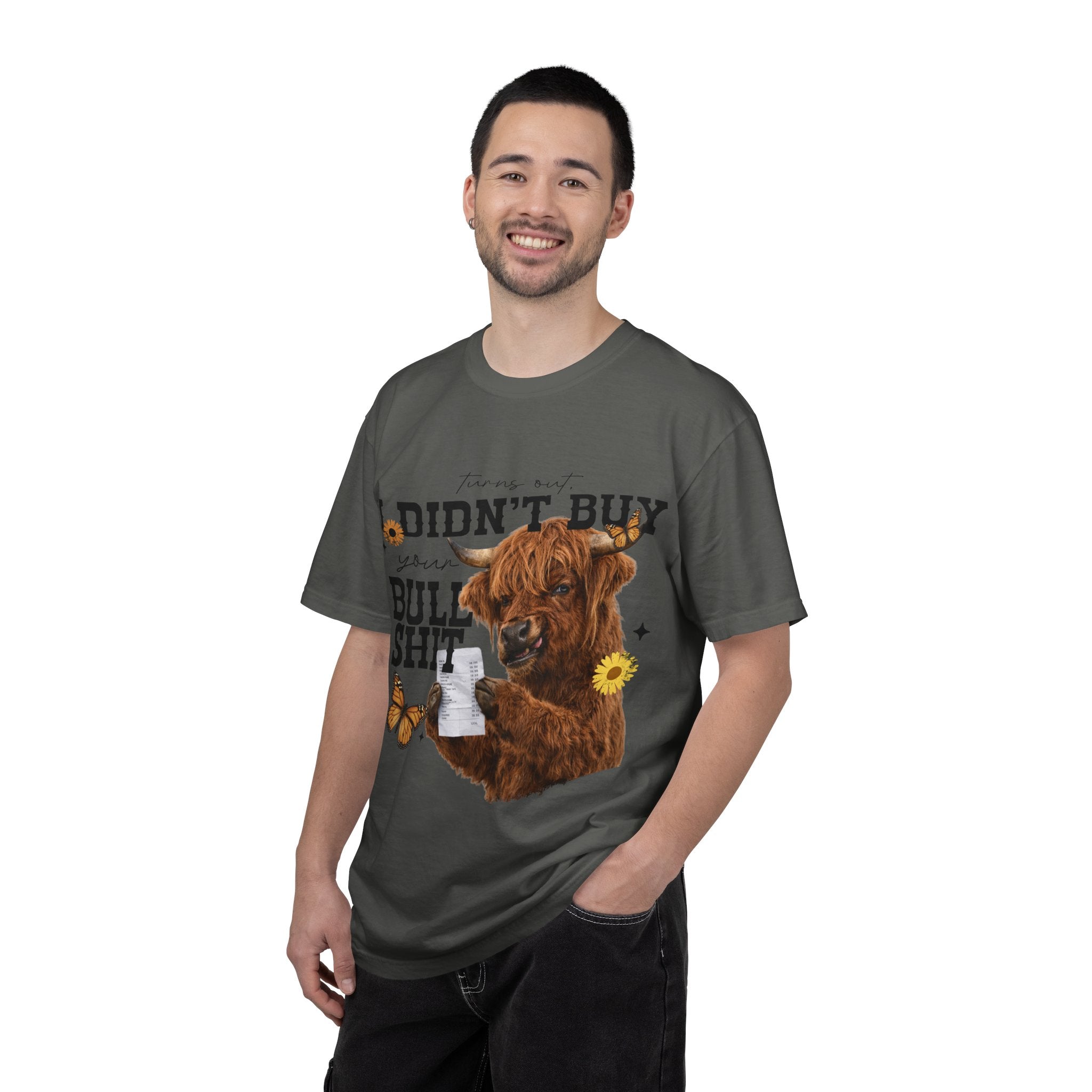I Didn't Buy Bullshit T-Shirt – Highland Cow with Sunflower & Butterfly Graphic