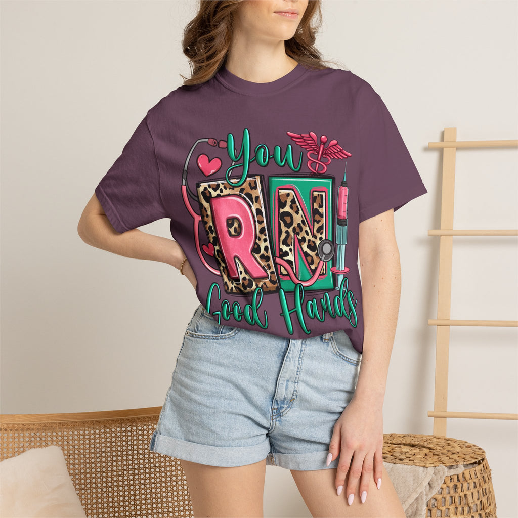 RN Good Hands T-Shirt — Cute Leopard Nurse Graphic Tee for Registered Nurses