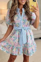 White Floral Print Striped Contrast Trim Belted Short Dress