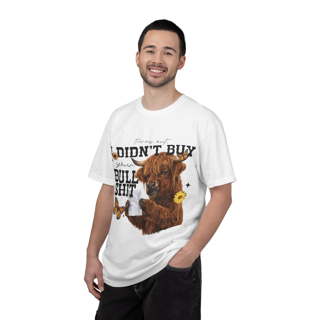 I Didn't Buy Bullshit T-Shirt – Highland Cow with Sunflower & Butterfly Graphic