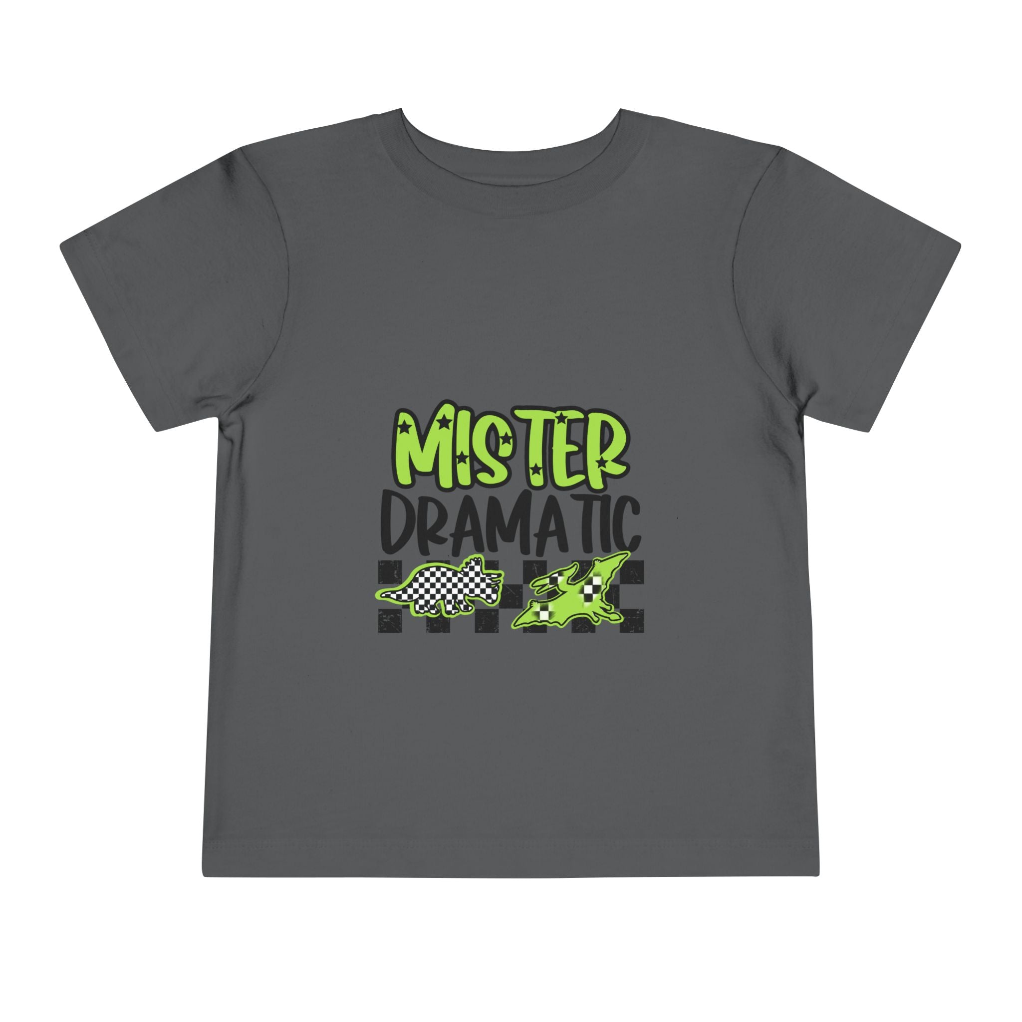 Toddler Tee — "Mister Dramatic" Neon Green Check Dinosaur Shirt