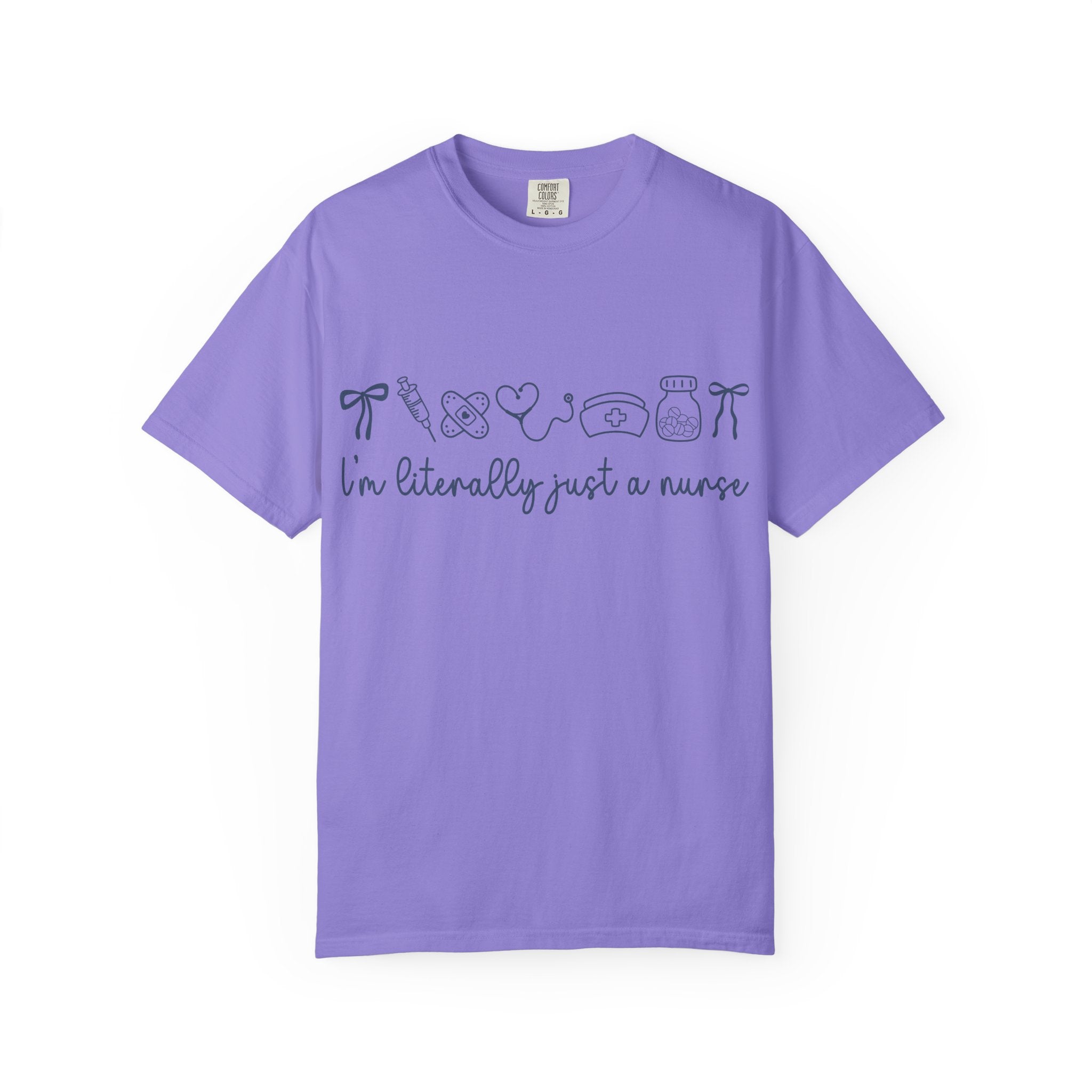 Nurse Crewneck T-Shirt — "I'm Literally Just a Nurse" Minimal Medical Icons Tee