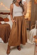 Chestnut Striped Colorblock Patchwork Sleeveless Casual Long Dress