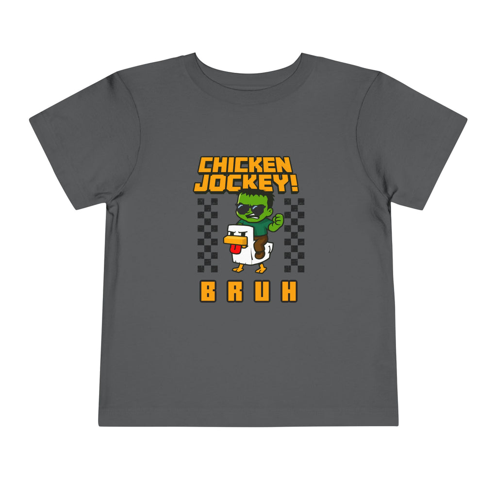 Toddler Tee — "Chicken Jockey! Bruh" Cartoon Racer Chicken Kids Shirt