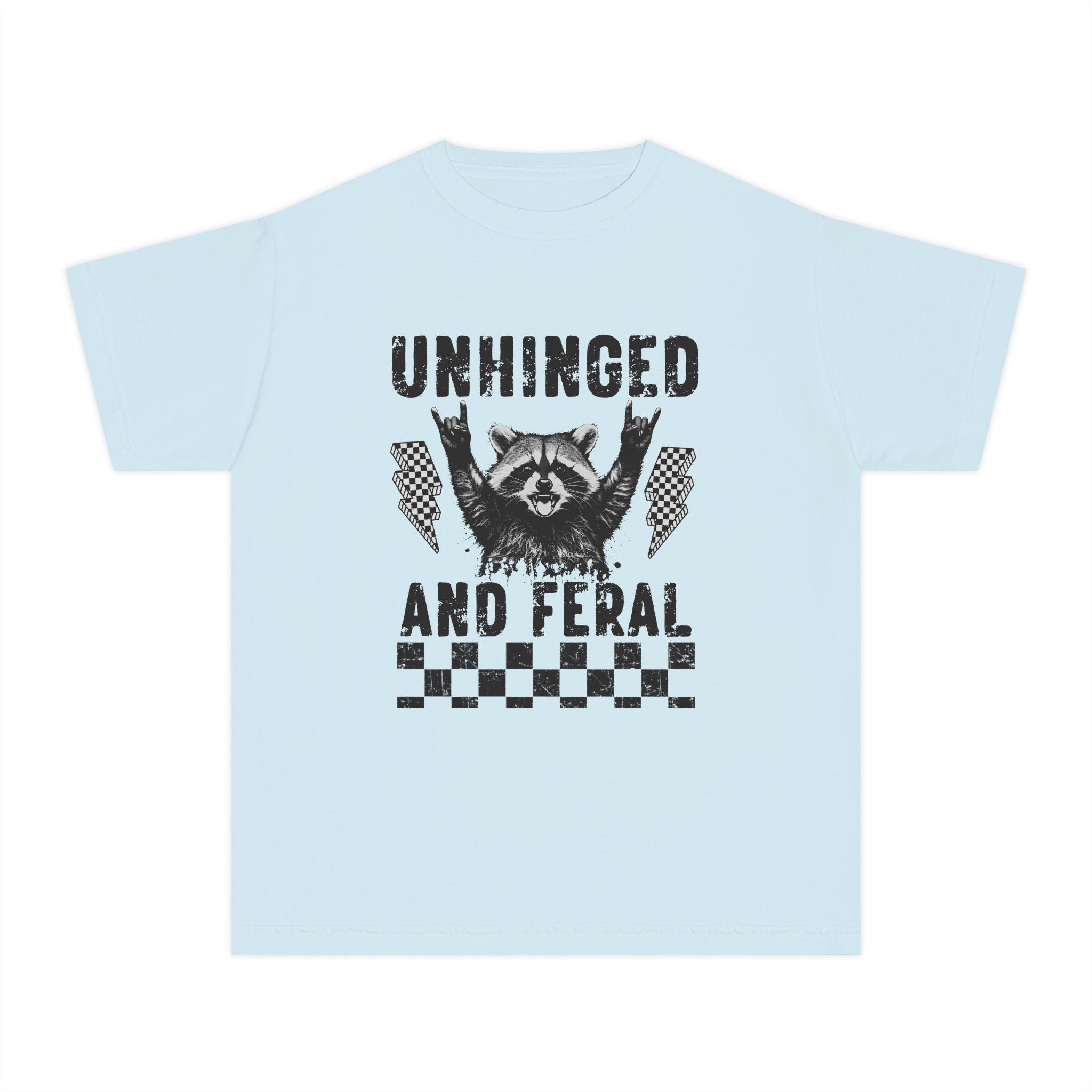 Youth Tee — "Unhinged and Feral" Raccoon Graphic