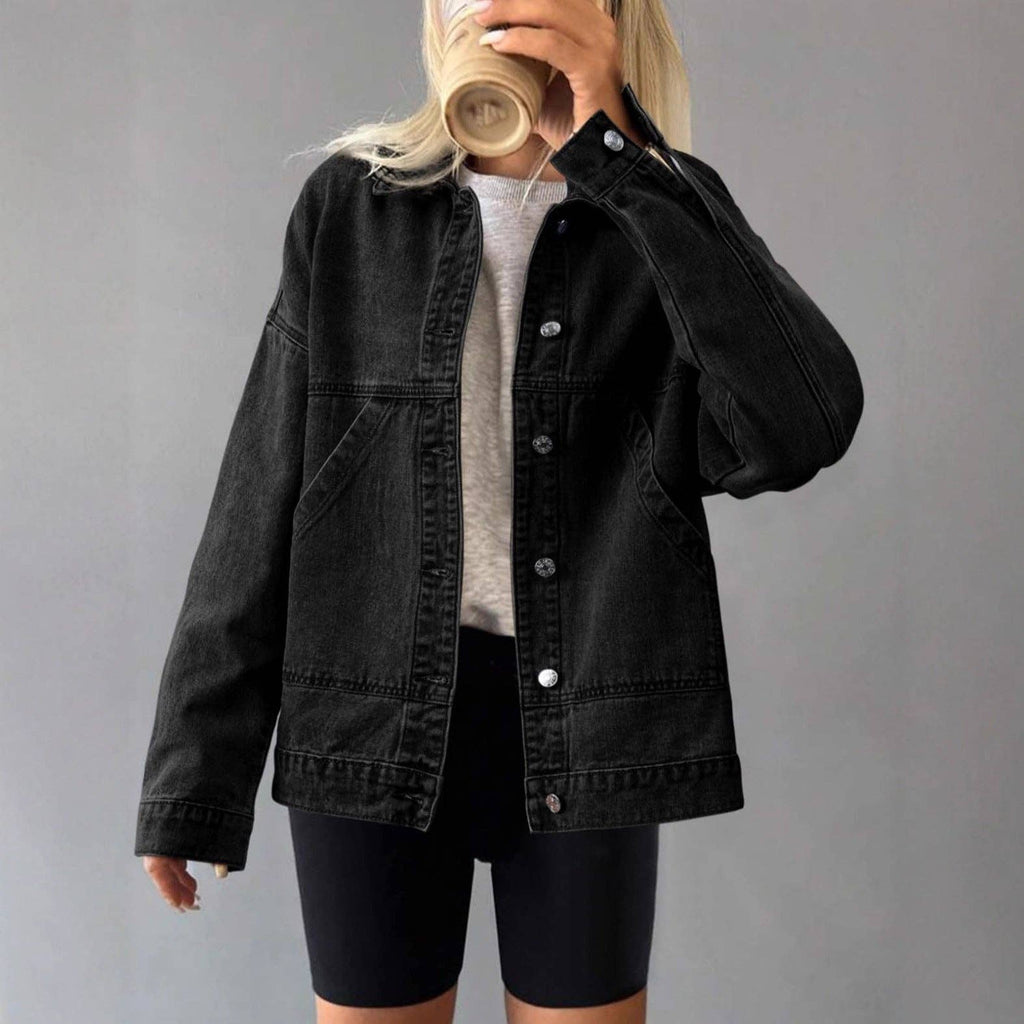 Retro loose Pocket polo neck Denim Jacket: Light blue / M
