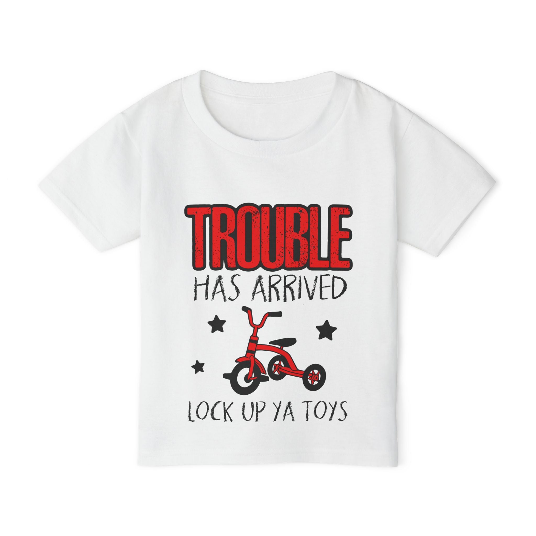 Toddler T-Shirt — “Trouble Has Arrived” Red Tricycle Funny Kids Tee