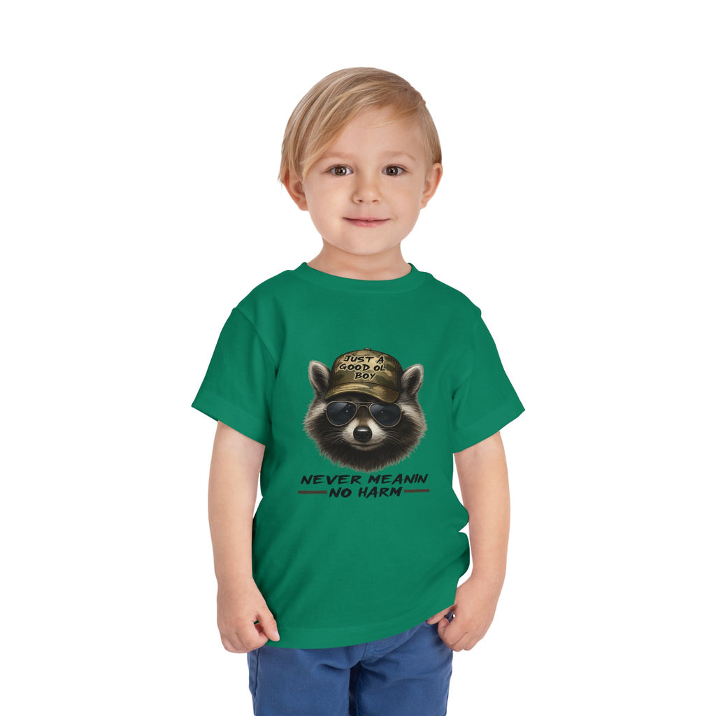 Toddler Tee - Raccoon with Hat "Never Meanin No Harm" Kids Graphic Shirt
