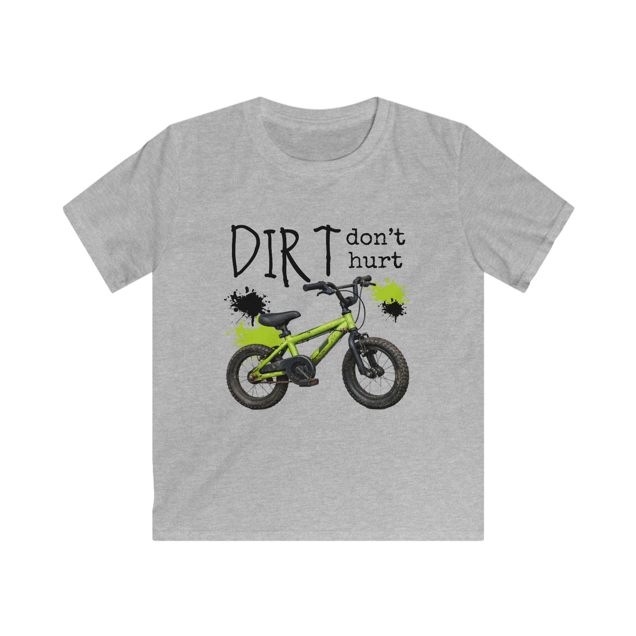 Kids Bike Tee - "Dirt Don't Hurt" Green BMX Shirt for Boys & Girls