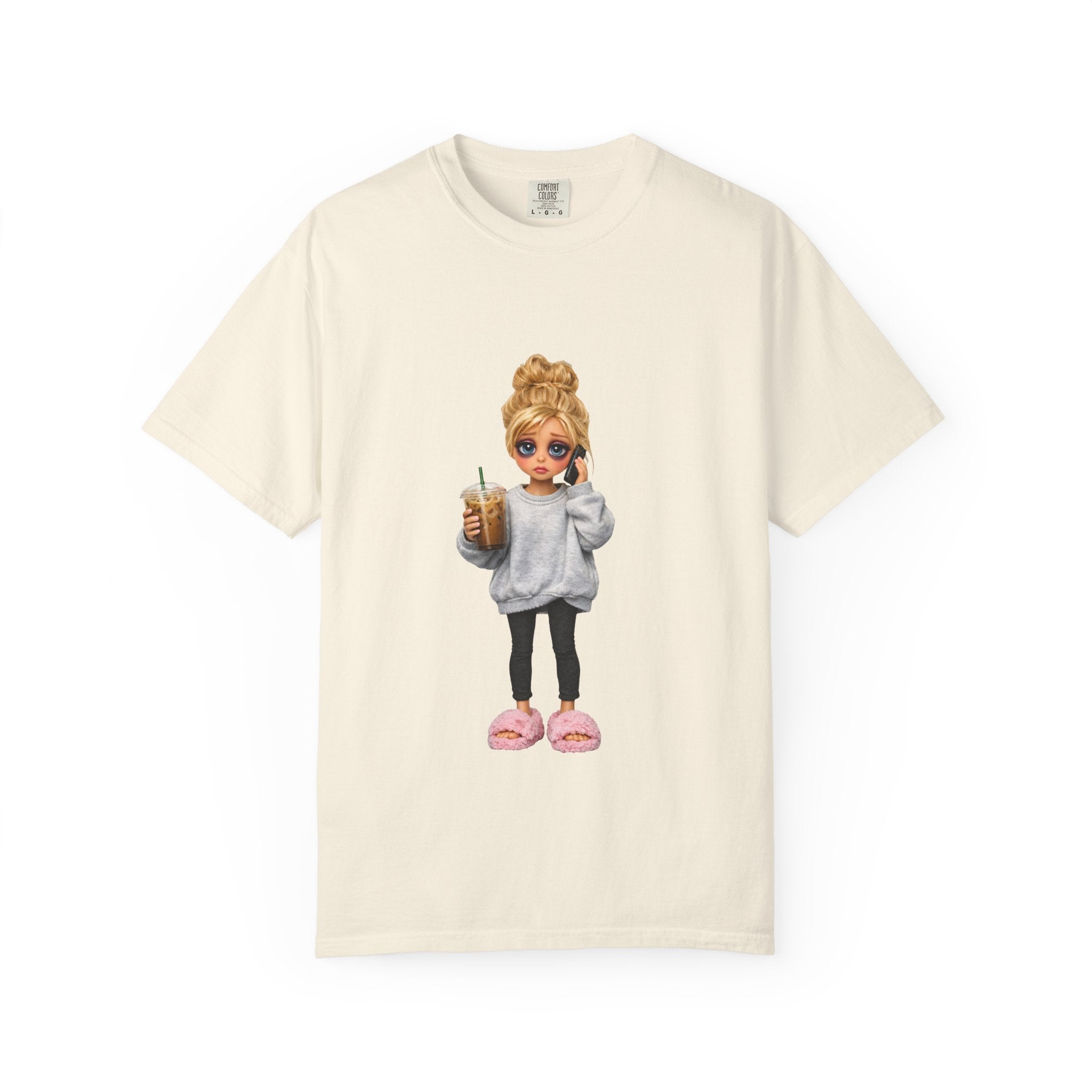 Cozy Morning Doll Graphic T-Shirt — Cute Girl in Slippers Coffee Tee