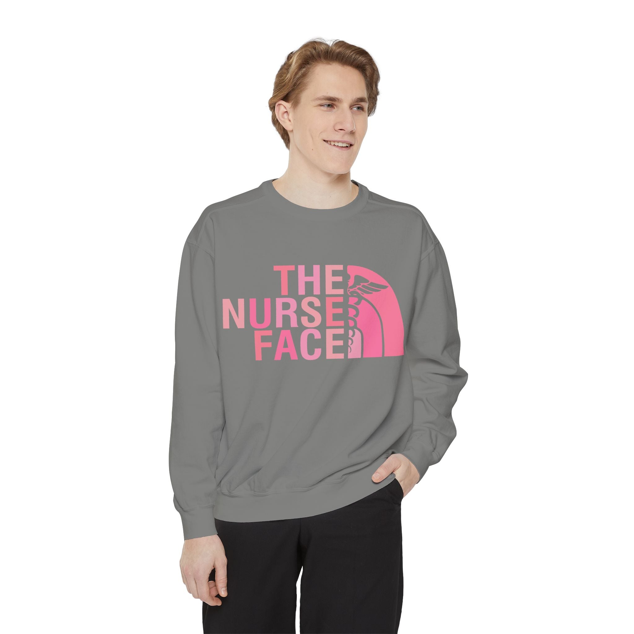 Nurse Face Sweatshirt — Pink Caduceus Retro Graphic Crewneck