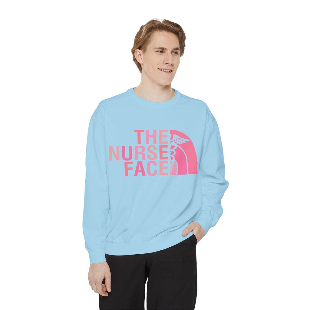 Nurse Face Sweatshirt — Pink Caduceus Retro Graphic Crewneck