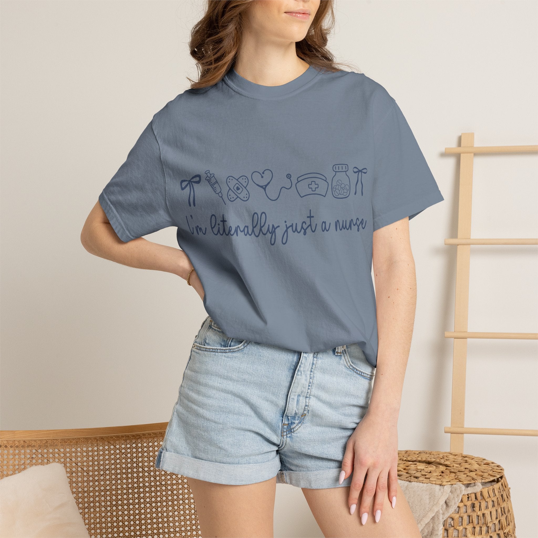 Nurse Crewneck T-Shirt — "I'm Literally Just a Nurse" Minimal Medical Icons Tee