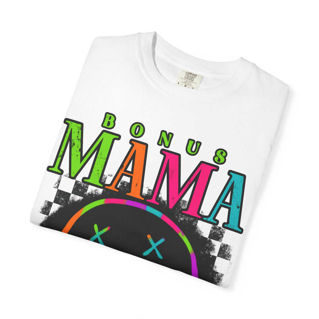 Bonus Mama Graphic T-Shirt — Neon Smiley Checkerboard Retro Tee