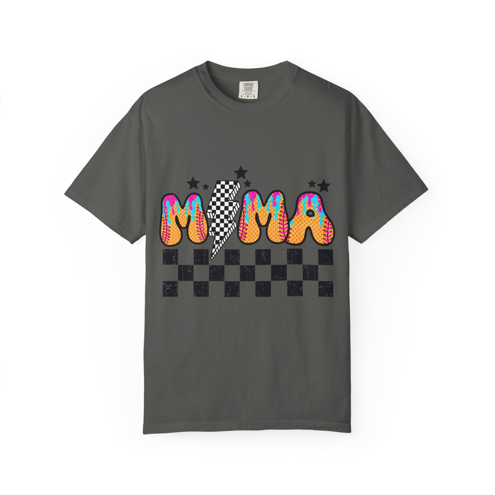 Retro Mama T-Shirt — Colorful Psychedelic 'MAMA' Graphic with Checkerboard