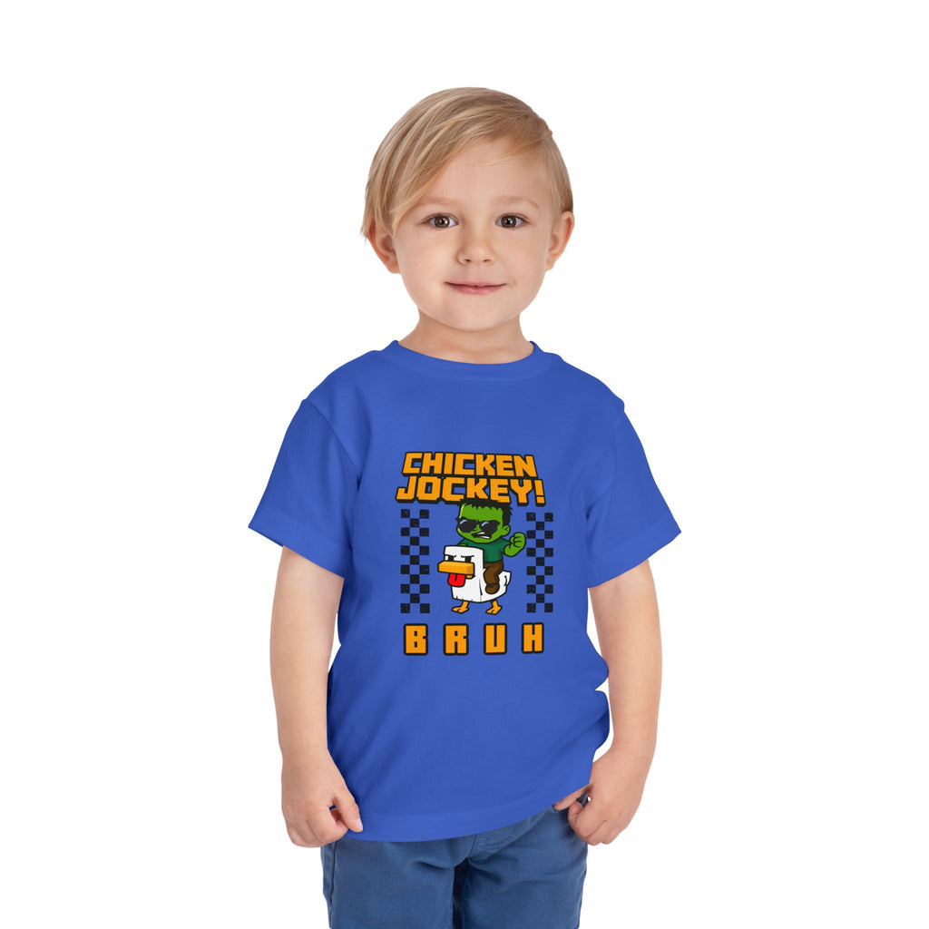 Toddler Tee — "Chicken Jockey! Bruh" Cartoon Racer Chicken Kids Shirt