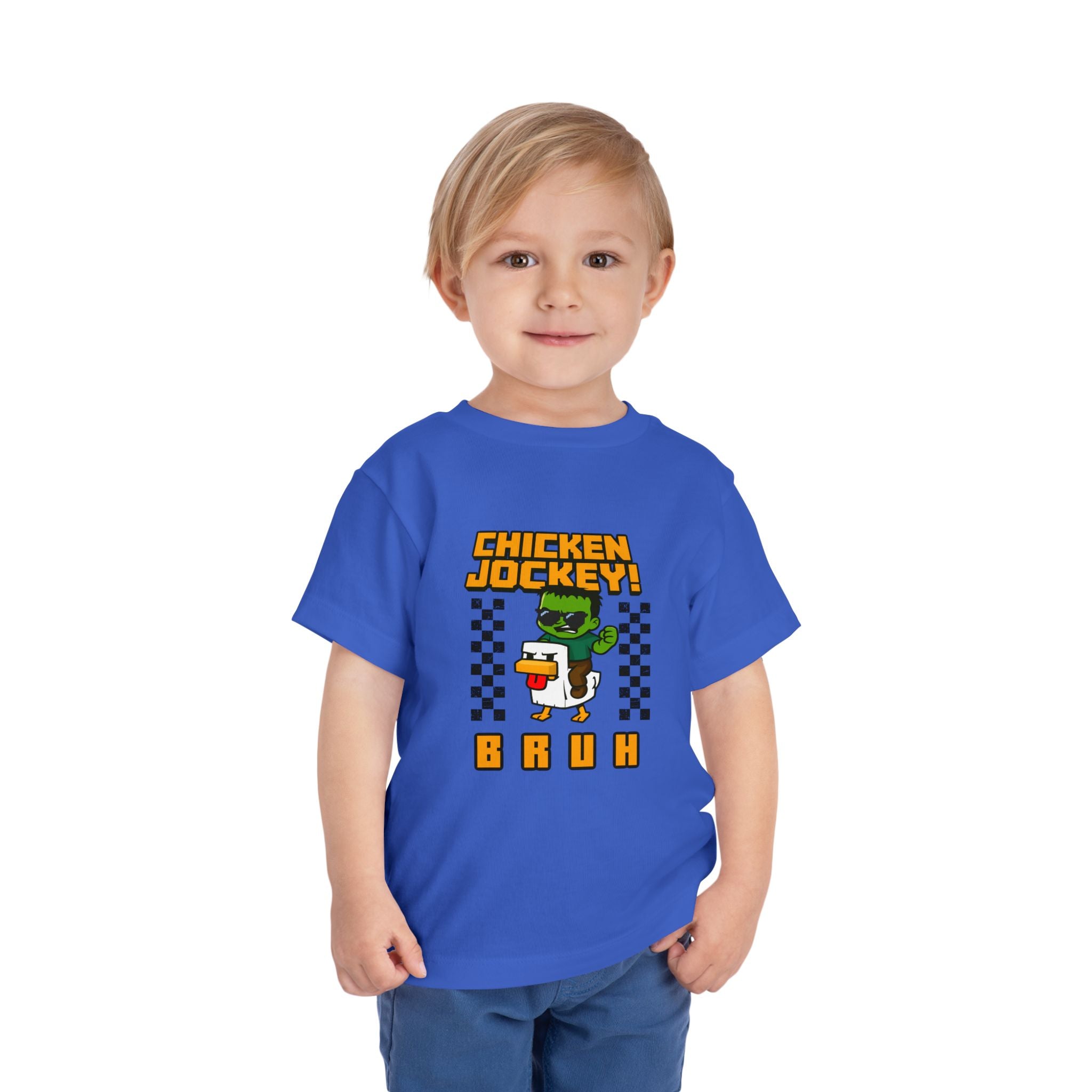 Toddler Tee — "Chicken Jockey! Bruh" Cartoon Racer Chicken Kids Shirt