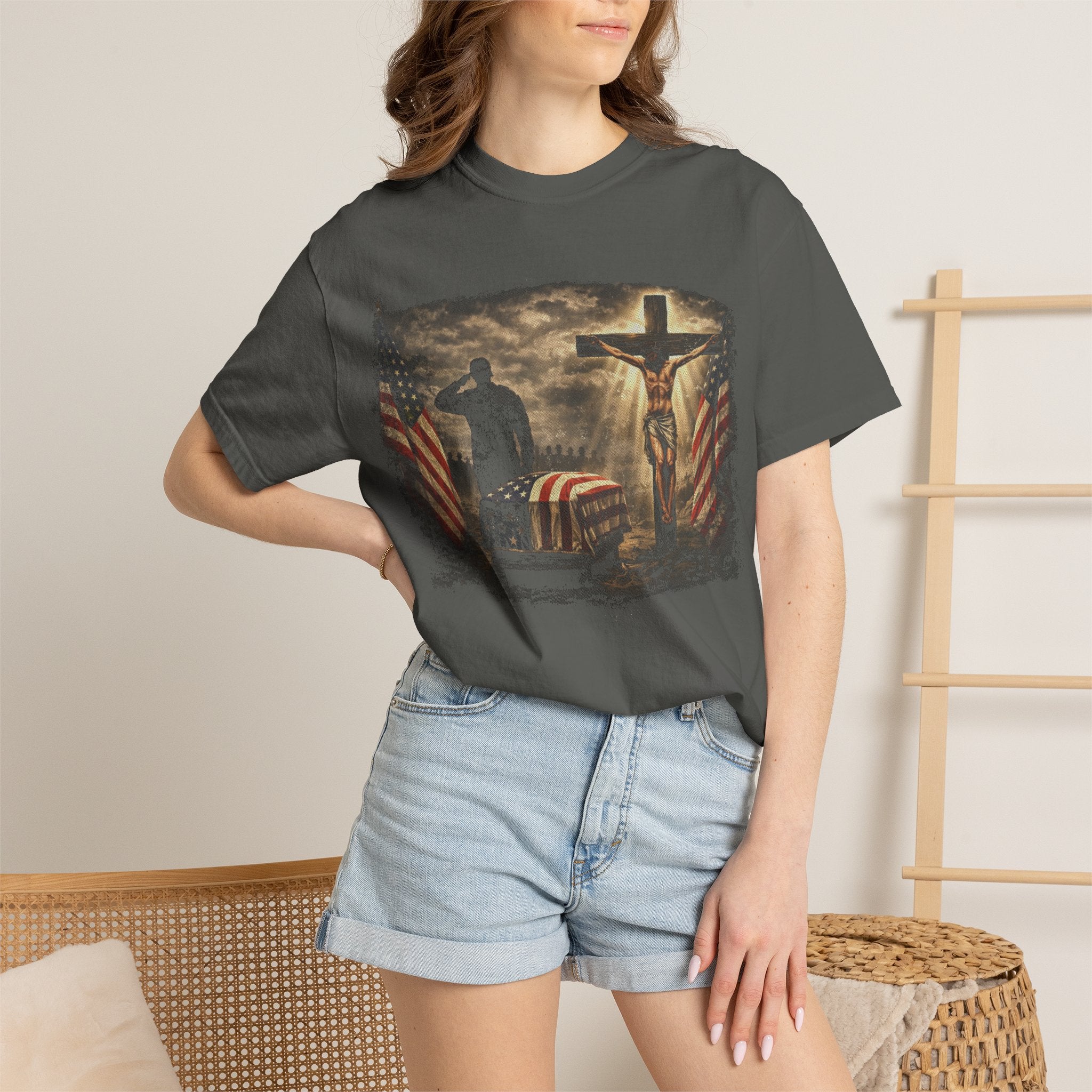 Christian Flag T-Shirt — Jesus on Cross with American Flag Graphic