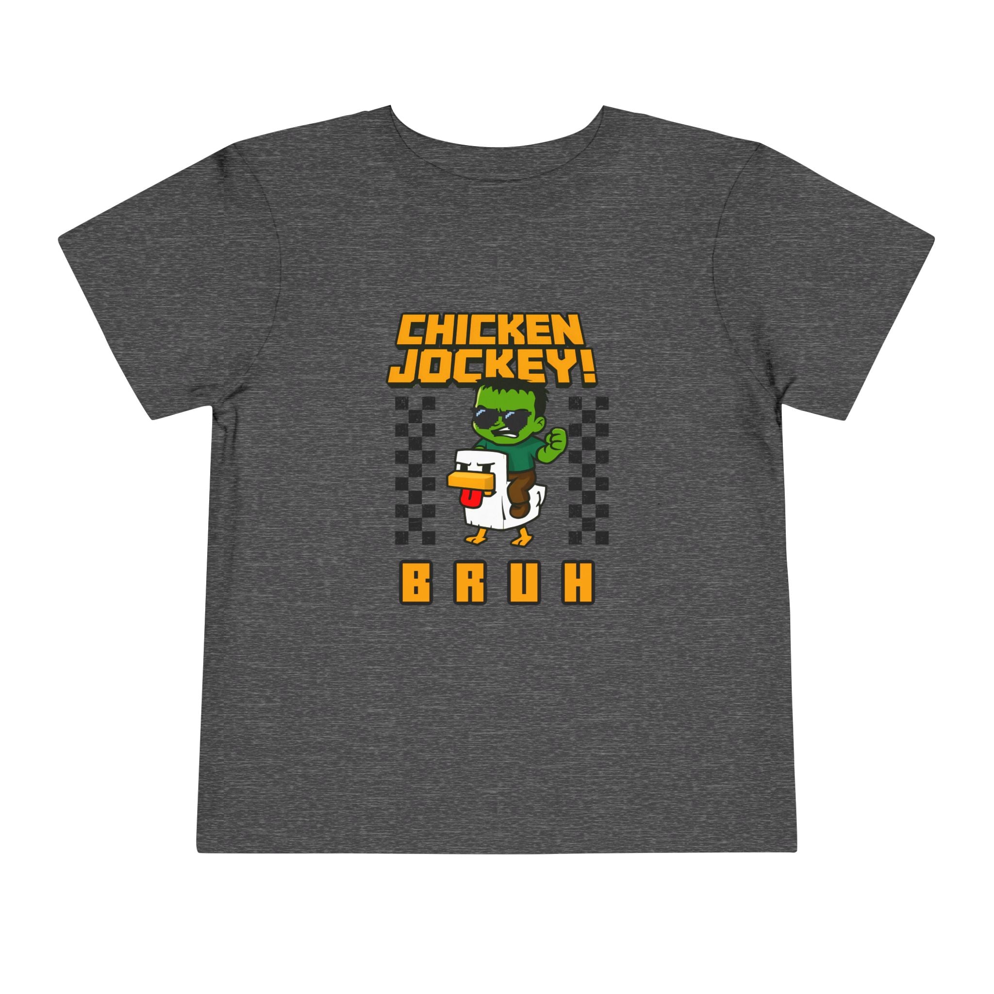 Toddler Tee — "Chicken Jockey! Bruh" Cartoon Racer Chicken Kids Shirt