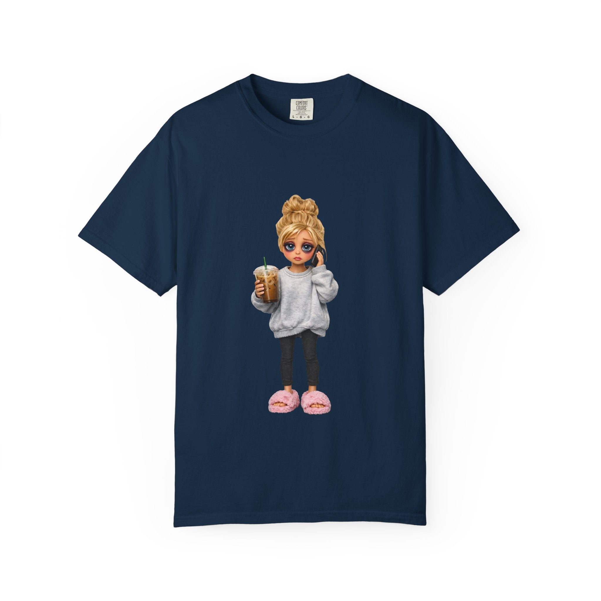 Cozy Morning Doll Graphic T-Shirt — Cute Girl in Slippers Coffee Tee