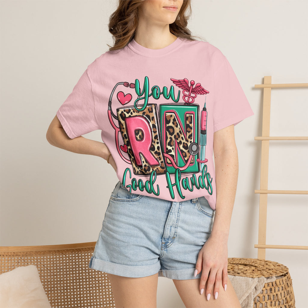 RN Good Hands T-Shirt — Cute Leopard Nurse Graphic Tee for Registered Nurses