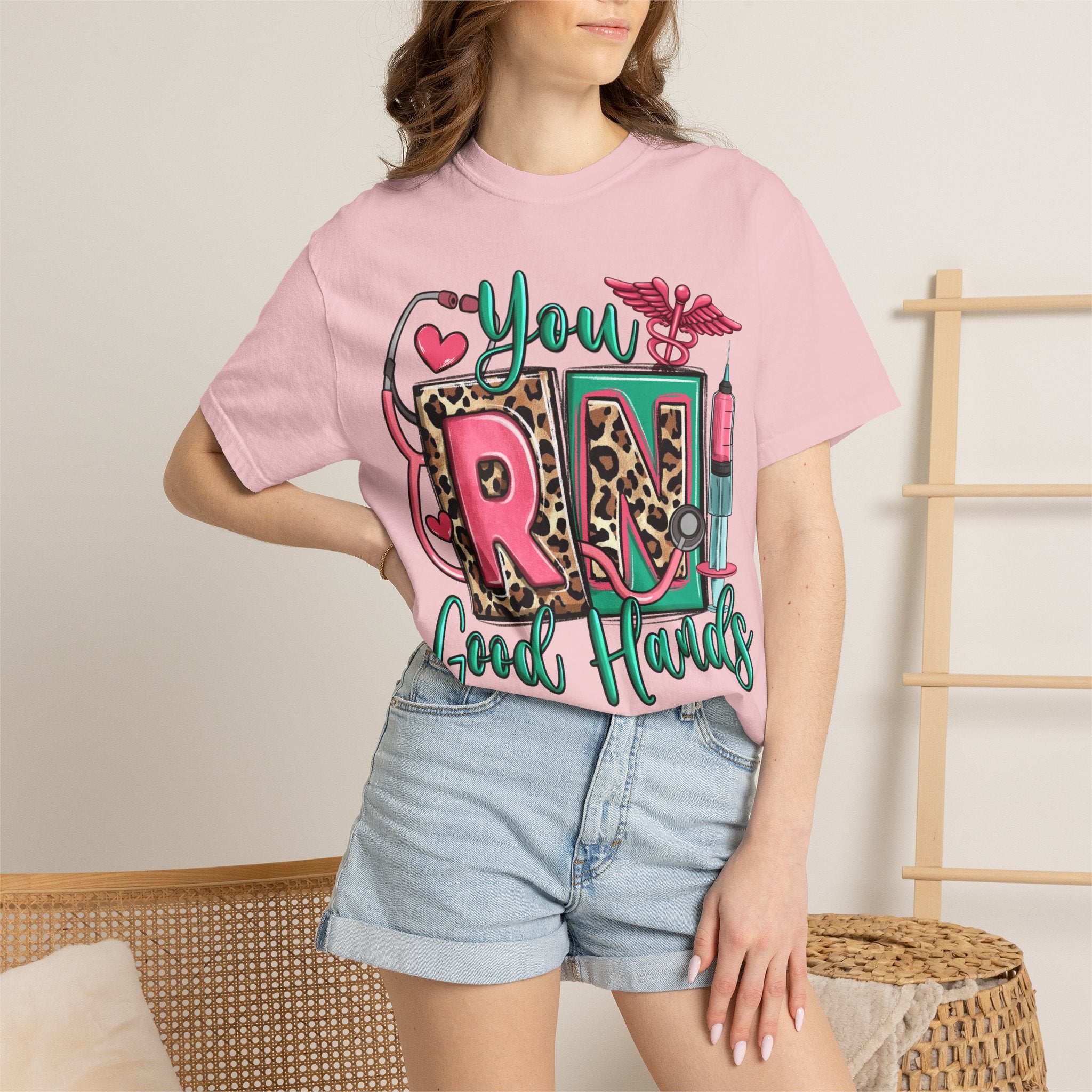 RN Good Hands T-Shirt — Cute Leopard Nurse Graphic Tee for Registered Nurses