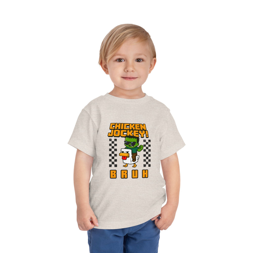 Toddler Tee — "Chicken Jockey! Bruh" Cartoon Racer Chicken Kids Shirt