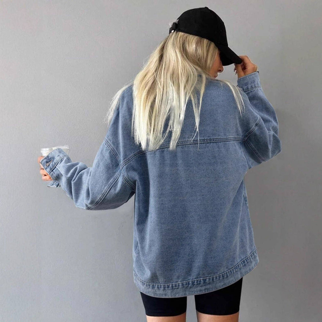 Retro loose Pocket polo neck Denim Jacket: Light blue / M
