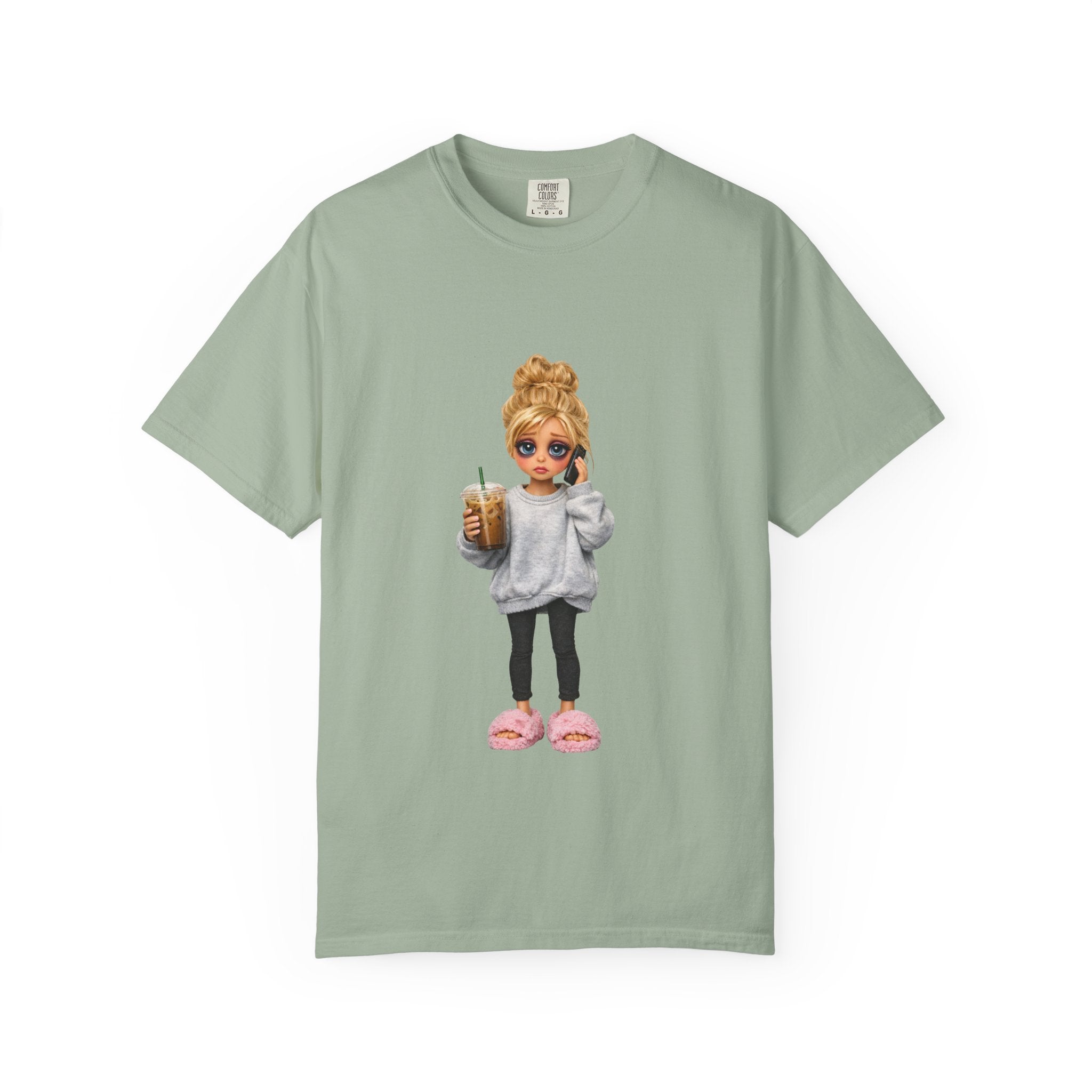 Cozy Morning Doll Graphic T-Shirt — Cute Girl in Slippers Coffee Tee
