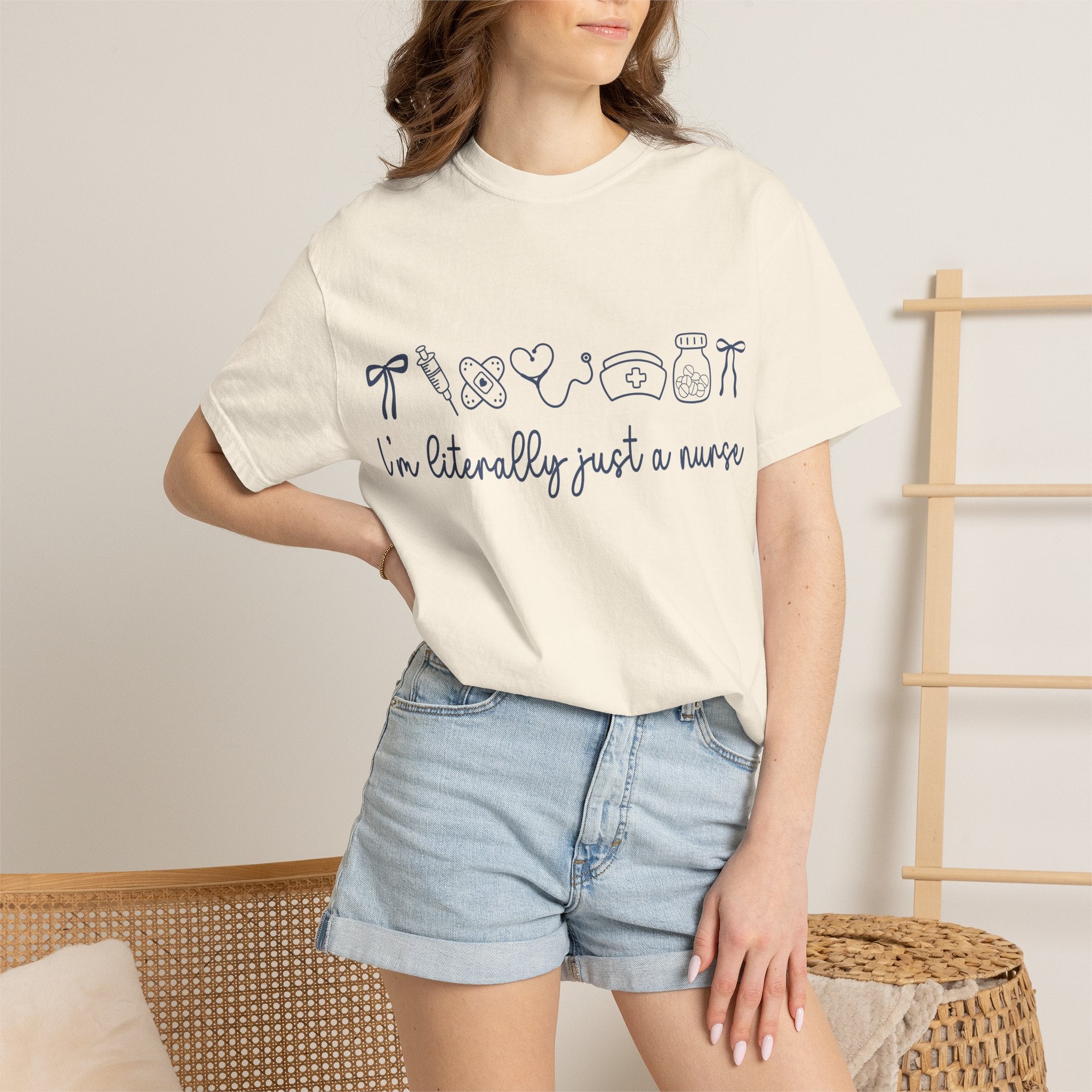 Nurse Crewneck T-Shirt — "I'm Literally Just a Nurse" Minimal Medical Icons Tee