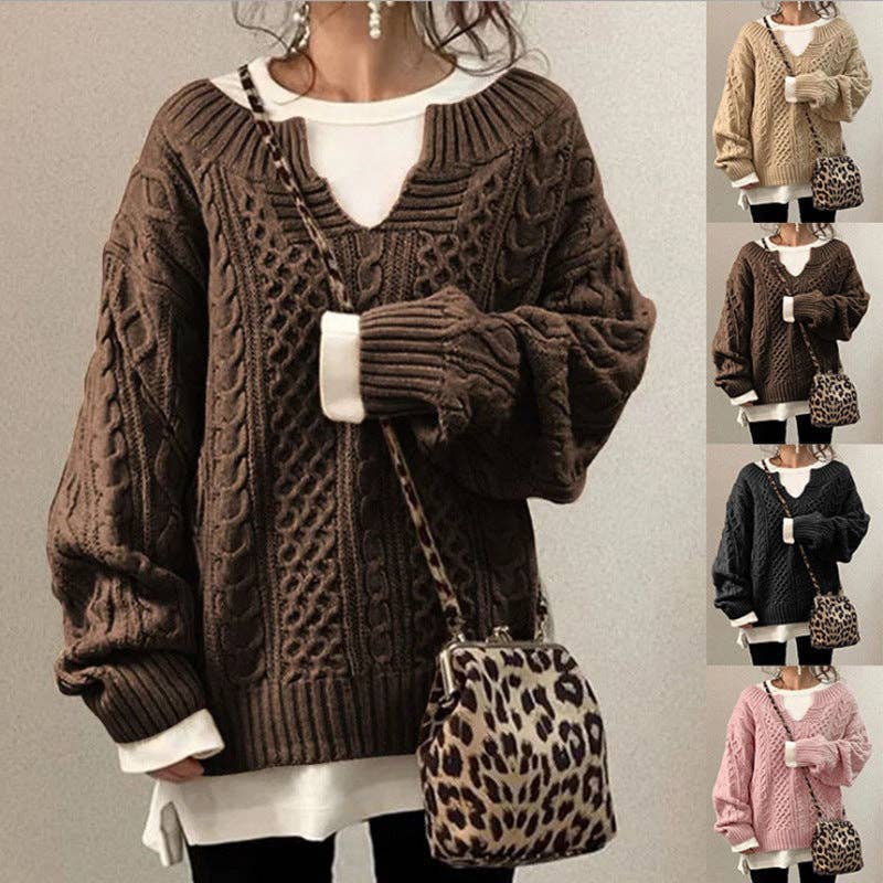 Women Cable Knit Sweater Casual Ribbed Pattern Knit Top: Black / M