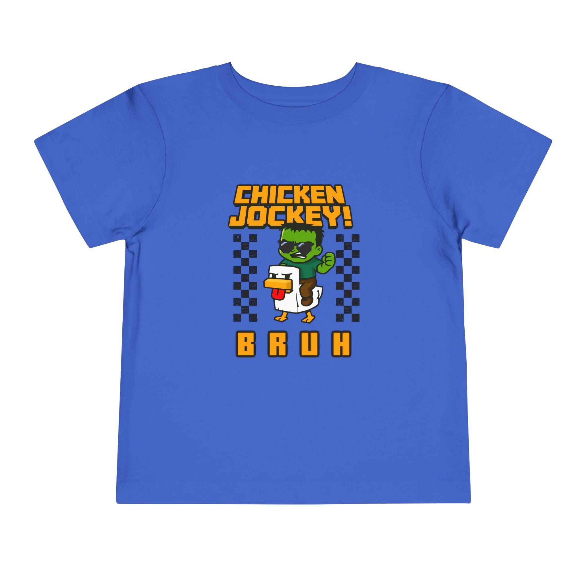 Toddler Tee — "Chicken Jockey! Bruh" Cartoon Racer Chicken Kids Shirt