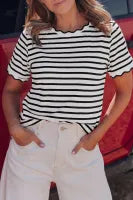 Black Stripe Scalloped Trim Round Neck T-Shirt