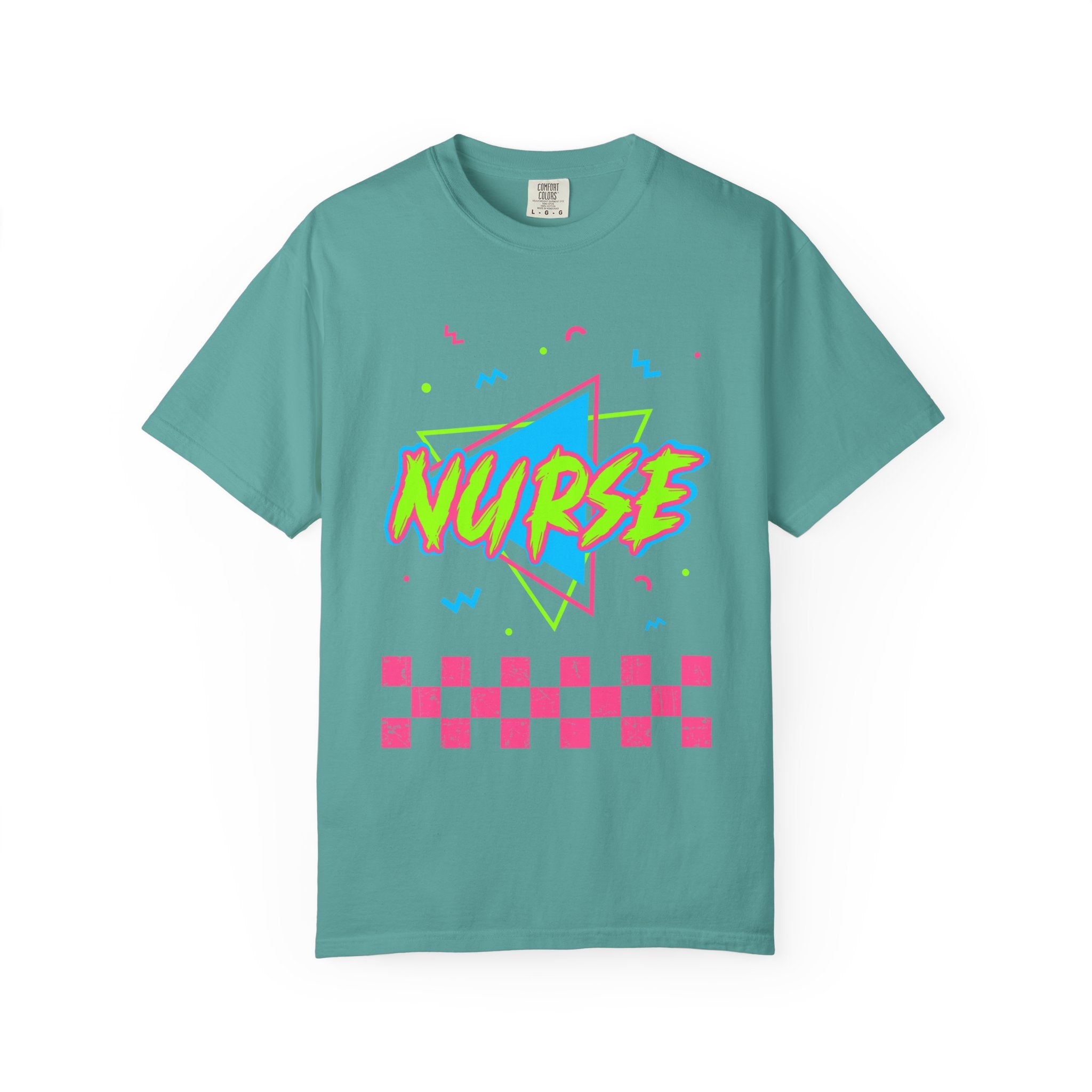 Nurse Retro 90s Graphic T-Shirt — Neon Checkerboard Medical Tee