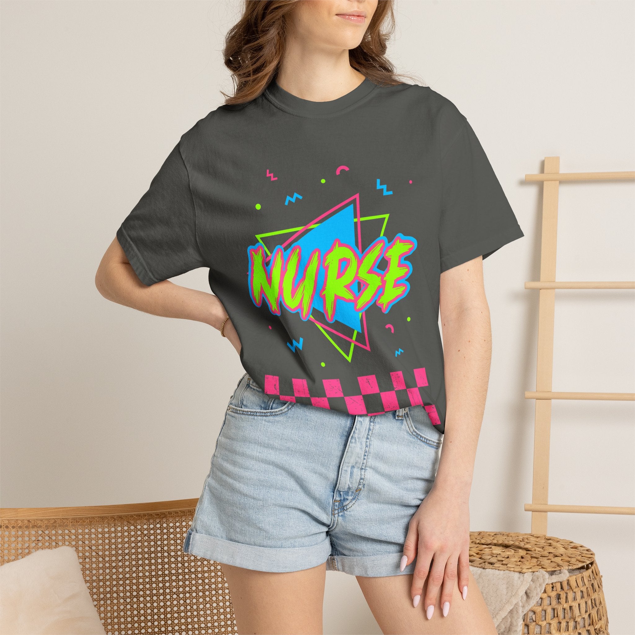 Nurse Retro 90s Graphic T-Shirt — Neon Checkerboard Medical Tee