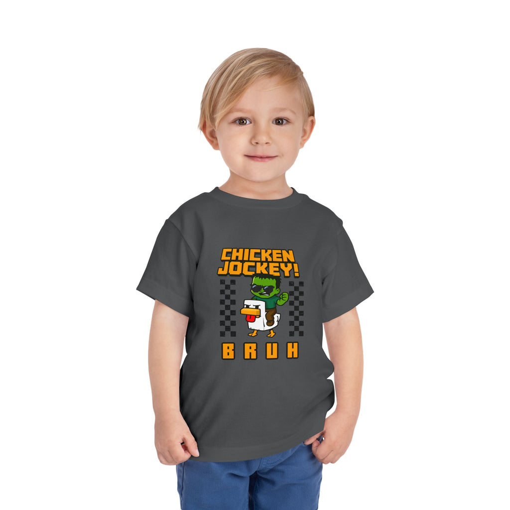 Toddler Tee — "Chicken Jockey! Bruh" Cartoon Racer Chicken Kids Shirt