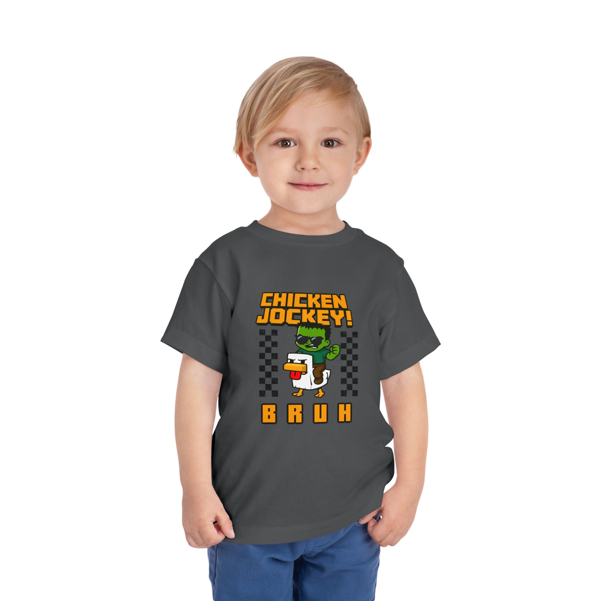 Toddler Tee — "Chicken Jockey! Bruh" Cartoon Racer Chicken Kids Shirt