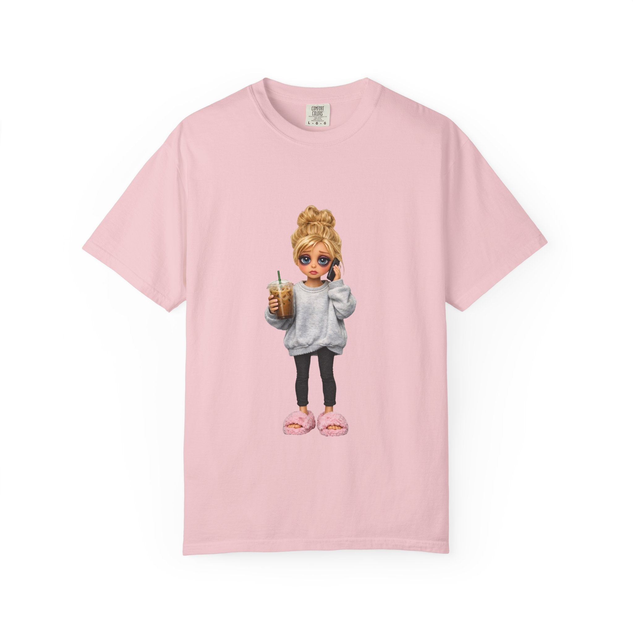 Cozy Morning Doll Graphic T-Shirt — Cute Girl in Slippers Coffee Tee