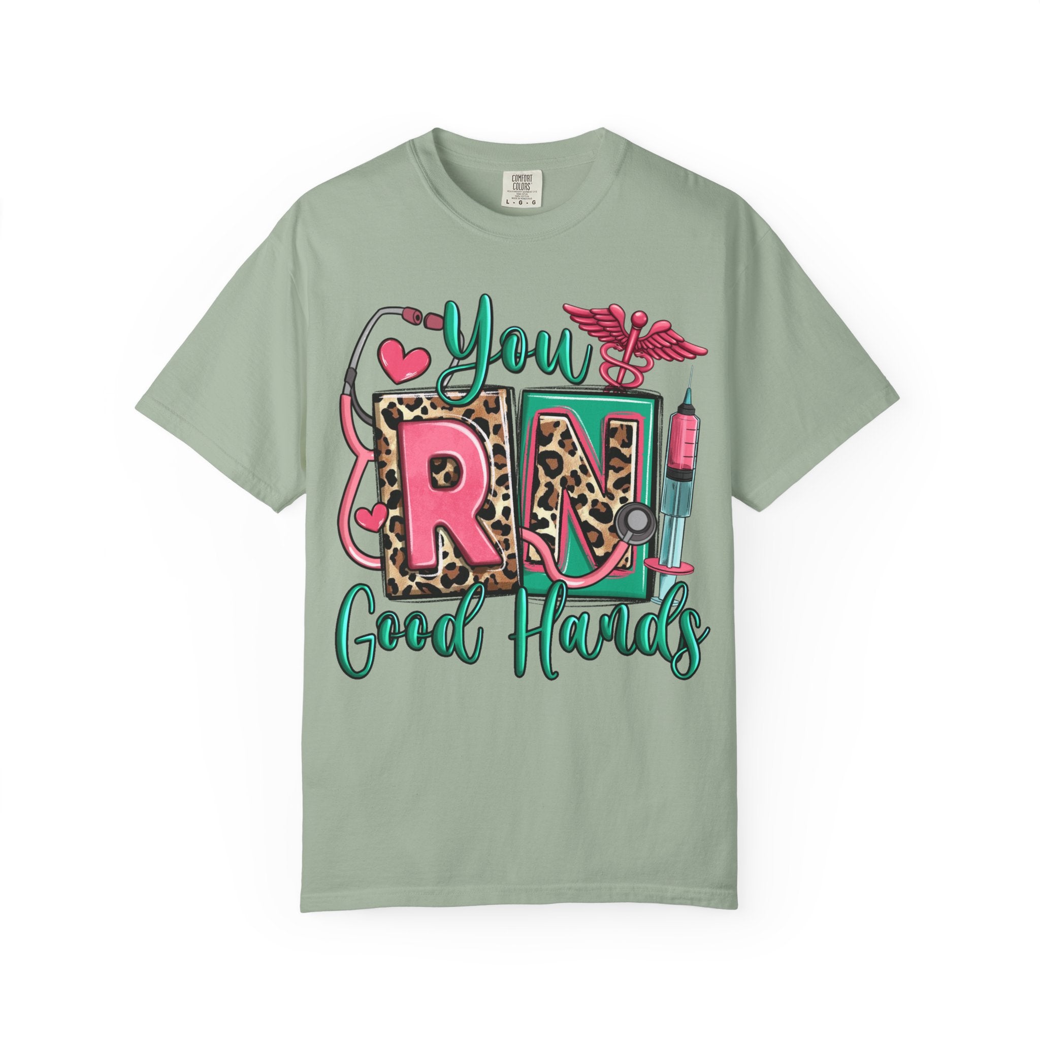 RN Good Hands T-Shirt — Cute Leopard Nurse Graphic Tee for Registered Nurses