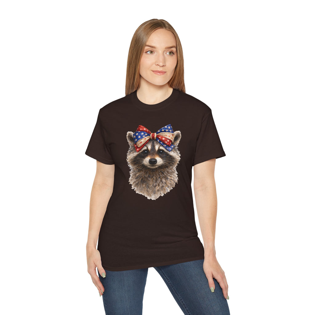 Raccoon with American Flag Bow Tee