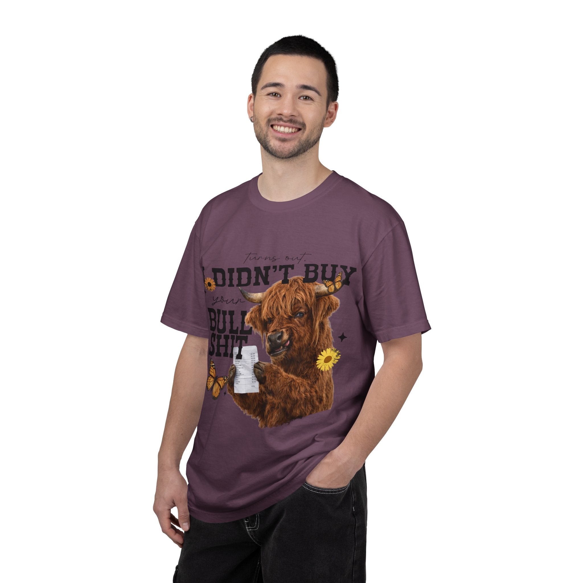 I Didn't Buy Bullshit T-Shirt – Highland Cow with Sunflower & Butterfly Graphic